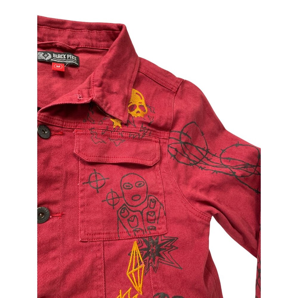 Black Pike Womens Red Denim embroided graphic jacket size M SKU 9178 - Picture 4 of 13
